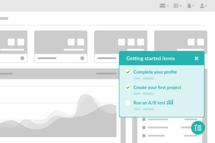 A Chameleon Launcher displaying a 'Getting started items' onboarding checklist, with two completed tasks and one remaining, anchored to a trigger icon in the corner of a fictional product UI.
