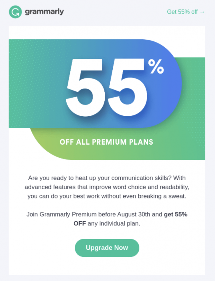Grammarly's discount offer for paid upgrade