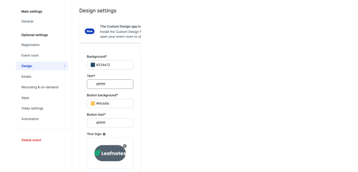 A webinar platform's event design settings panel with color controls for background, text, and buttons, plus a logo upload field