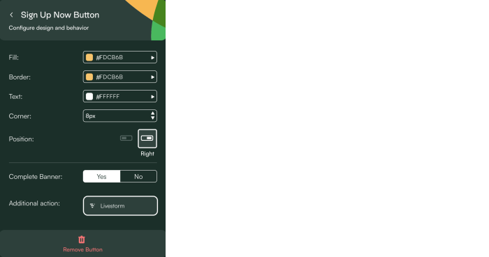Chameleon Builder button configuration panel for a banner CTA button, with 'Complete Banner' set to Yes and an Additional action field configured with a third-party integration.