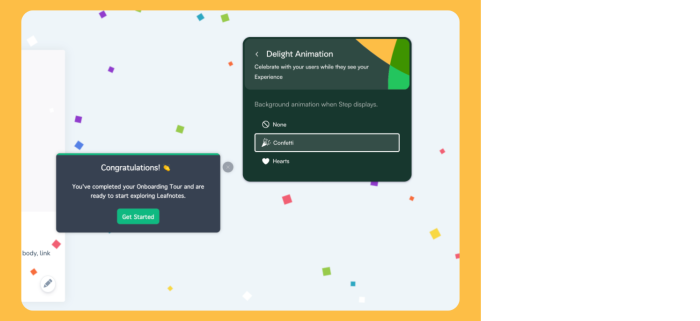 The Chameleon Builder's delight animation settings for a tour step, alongside a preview of a final congratulatory step with a confetti animation