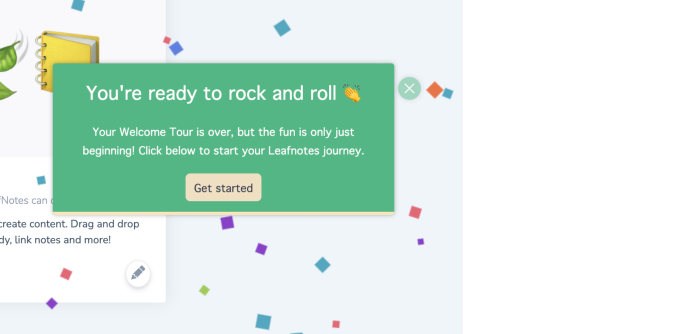 The final step of a Chameleon product tour on a fictional product, showing a green card with a celebratory message, a 'Get started' CTA, and colorful confetti across the screen.