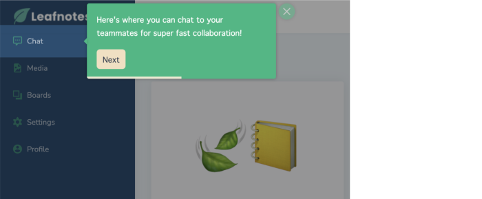 A Chameleon tooltip anchored to a chat navigation item in a fictional app, providing feature guidance.