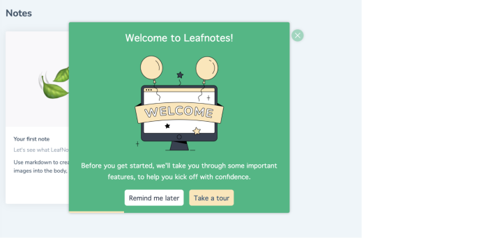 A Chameleon onboarding announcement on a fictional product, welcoming new users and prompting them to start a tour, with 'Remind me later' and 'Take a tour' buttons.