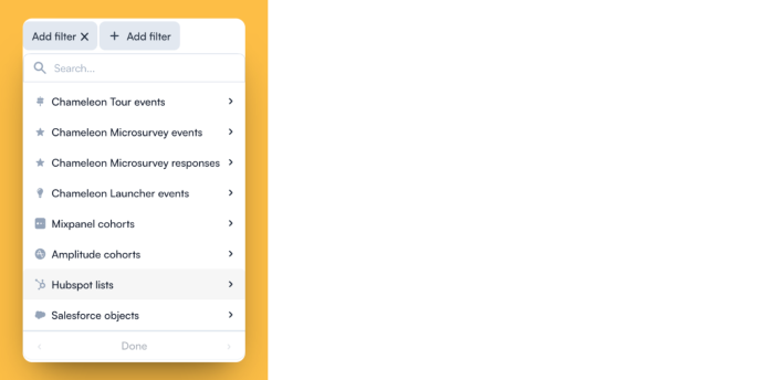 The Chameleon segment filter menu with HubSpot Lists highlighted among available filter options including Chameleon events, Mixpanel, Amplitude, and Salesforce.