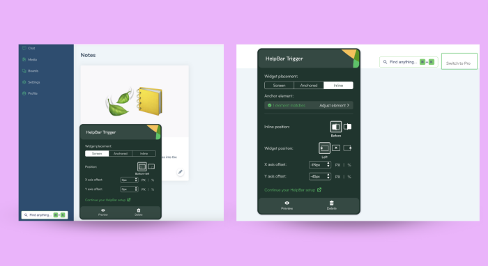 The Chameleon Builder's HelpBar Trigger panel, showing widget placement options (Screen, Anchored, Inline) and position offset controls overlaid on a fictional product.