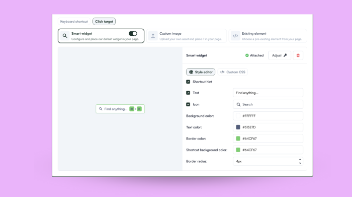 HelpBar trigger options in the Chameleon dashboard — Smart Widget, Custom Image, and Existing Element — with Smart Widget selected.