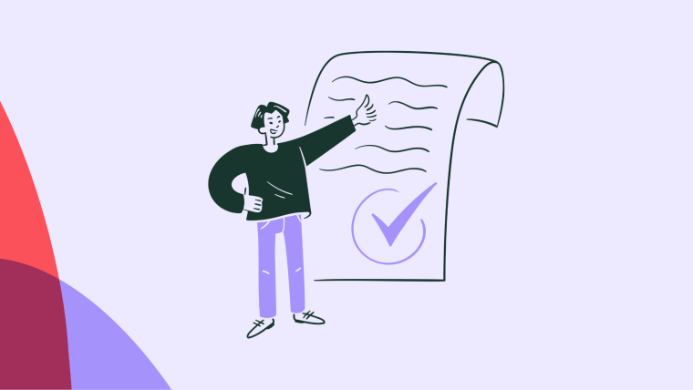 An illustration of a person pointing at a document with a checkmark while giving a thumbs up.