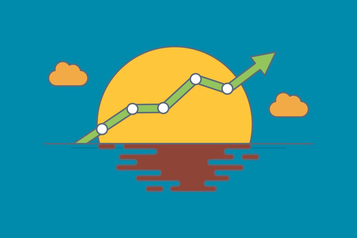 An illustration of a sunset over water with an upward-trending line chart overlaid.