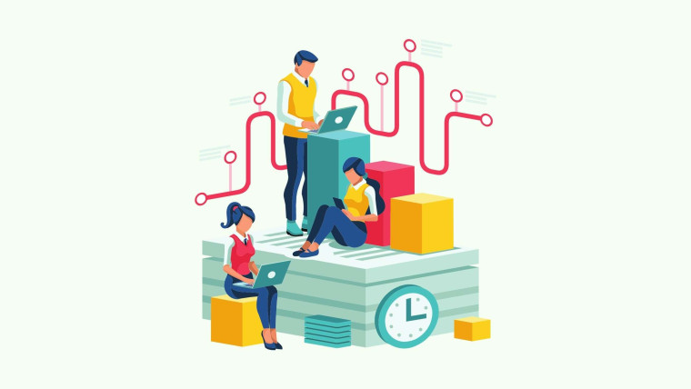 Three people working on laptops and a tablet on a tiered platform, with a winding path of connected nodes above and a clock and colorful blocks below.