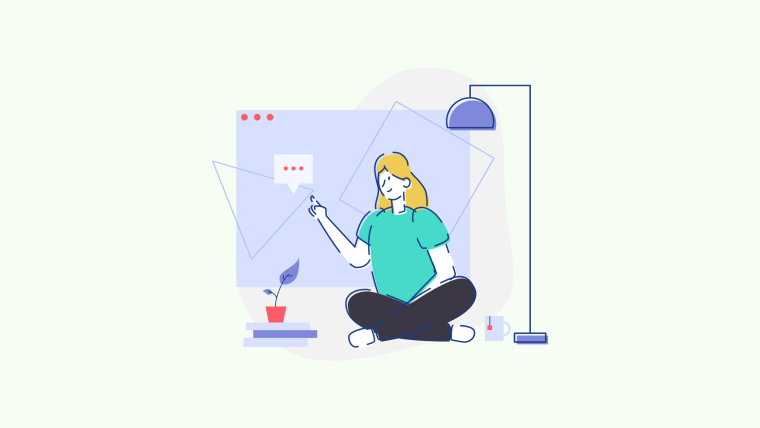 An illustration of a person sitting cross-legged using a smartphone, with a browser window and chat bubble behind them