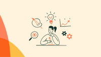 An illustration of a person thinking at a desk, surrounded by icons representing creativity, ideas, growth analytics, visibility, and settings.