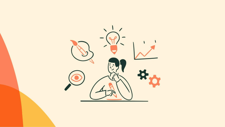 An illustration of a person thinking at a desk, surrounded by icons representing creativity, ideas, growth analytics, visibility, and settings.