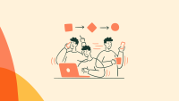 An illustration showing three people collaborating around a laptop, with a three-step shape progression above.
