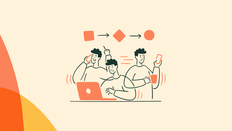 An illustration showing three people collaborating around a laptop, with a three-step shape progression above.