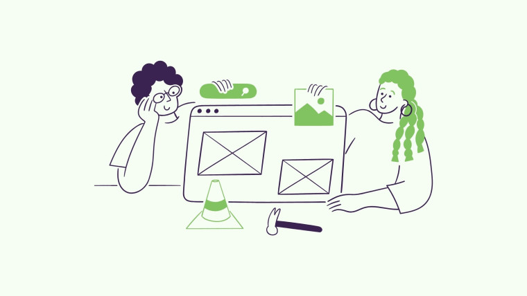 An illustration of two people reviewing a wireframe on a computer screen, with a traffic cone and hammer nearby.