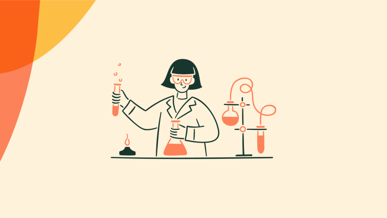 An illustrated scientist in a lab coat and safety goggles holding a bubbling test tube, surrounded by laboratory equipment on a workbench.