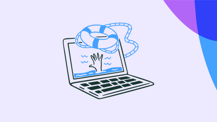 An illustration of a laptop screen showing a hand reaching up from water, with a life preserver ring floating above.