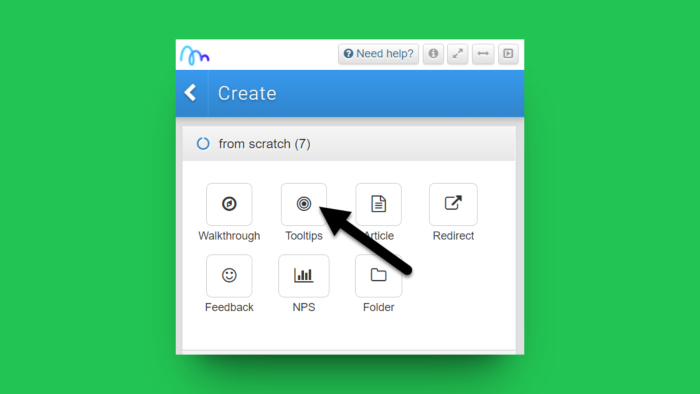 Inline Manual's Create panel showing available in-app content type options, with an arrow highlighting the Tooltips type.