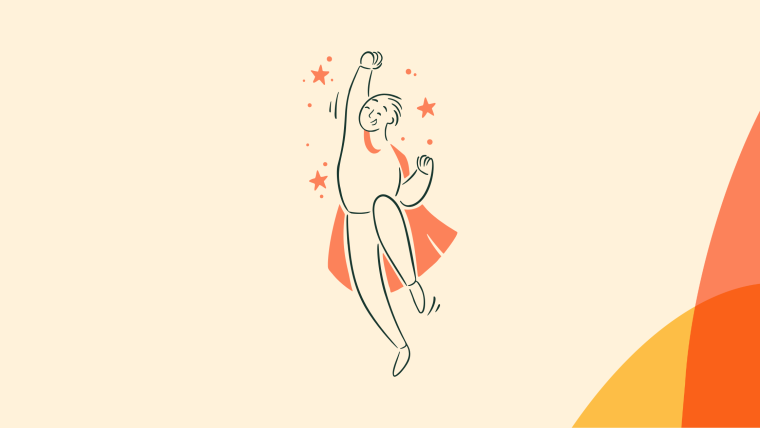 An illustration of a leaping figure in a superhero cape with one fist raised, surrounded by stars.