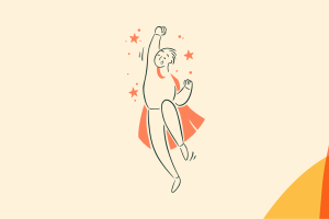 An illustration of a leaping figure in a superhero cape with one fist raised, surrounded by stars.