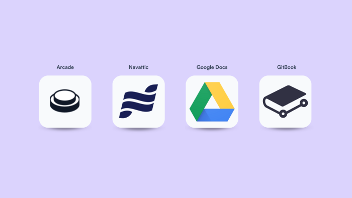 Logos of four integration partners: Arcade, Navattic, Google Drive, and GitBook.