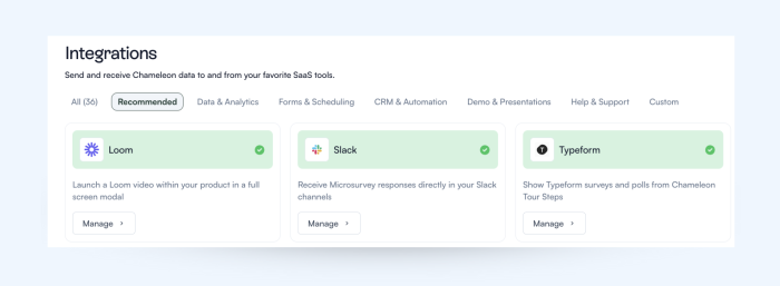The Chameleon dashboard Integrations page with the 'Recommended' category selected, showing three integration cards each with a logo, description, and Manage button