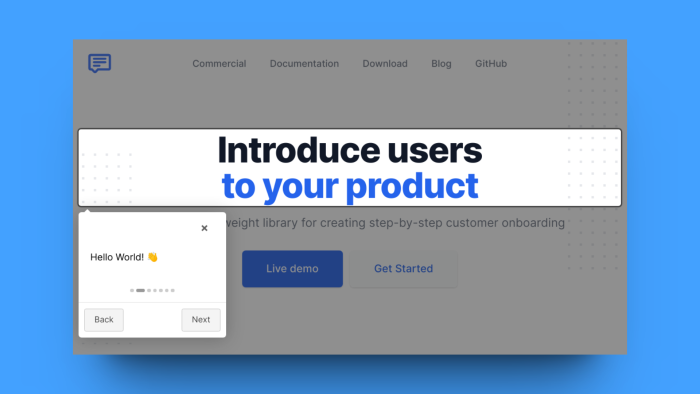 The IntroJS website showing a product tour step overlaid on the homepage, with Back and Next navigation buttons and progress dots.