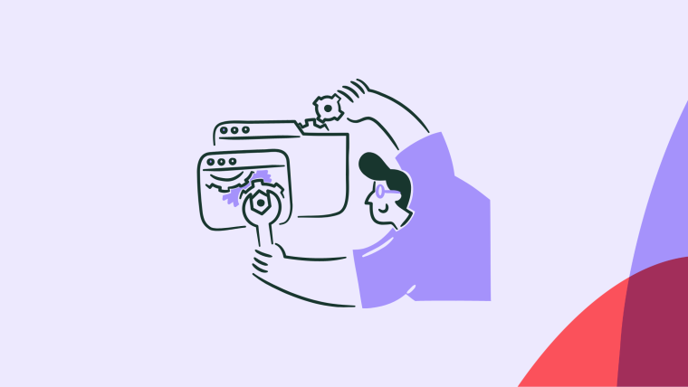 An illustrated developer holding a wrench while configuring overlapping browser windows with gear icons.