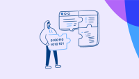 An illustration of a developer holding a code-marked puzzle piece connecting into a browser window showing a tooltip callout.