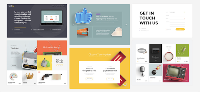 A grid of varied landing page template designs showing different layouts, color schemes, and content arrangements.