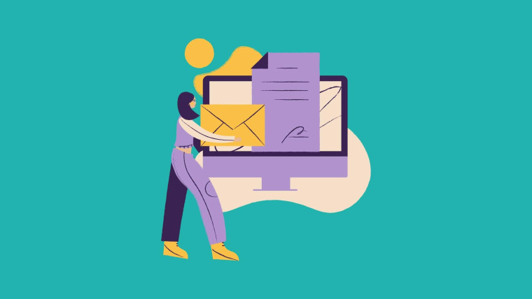 An illustration of a person sliding a large envelope toward a desktop computer displaying a document.