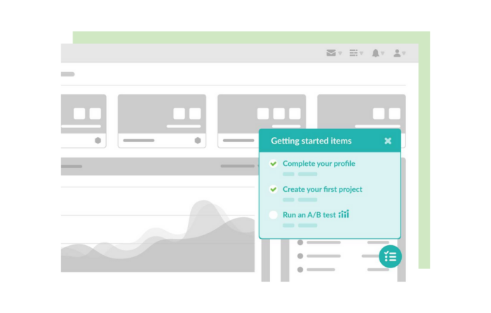 A Chameleon Launcher checklist with two completed and one pending onboarding task, shown open over a fictional product dashboard.