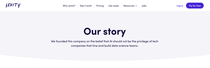 Levity's 'Our story' page with their founding vision: 'AI should not be the privilege of tech companies that hire and build data science teams.'