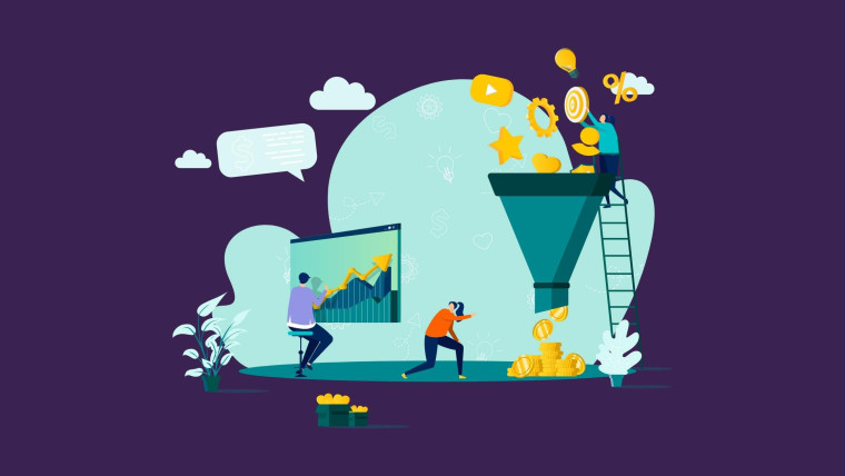 An illustration of a marketing funnel with figures feeding engagement icons into the top while coins pour from the bottom, alongside a person pointing at a growth chart.