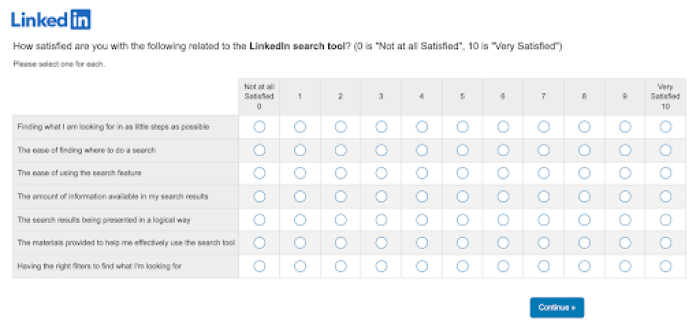 A LinkedIn CES survey asking users to rate satisfaction with the search tool across multiple dimensions on a 0–10 scale