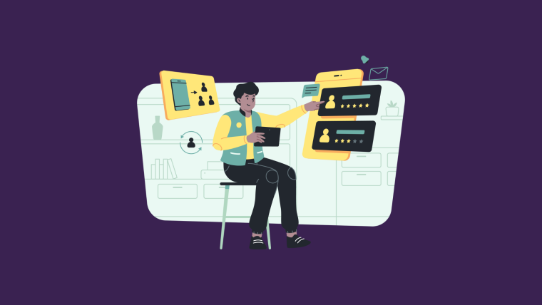 An illustration of a person seated with a tablet, pointing at star-rating review cards while a user-flow diagram floats nearby.