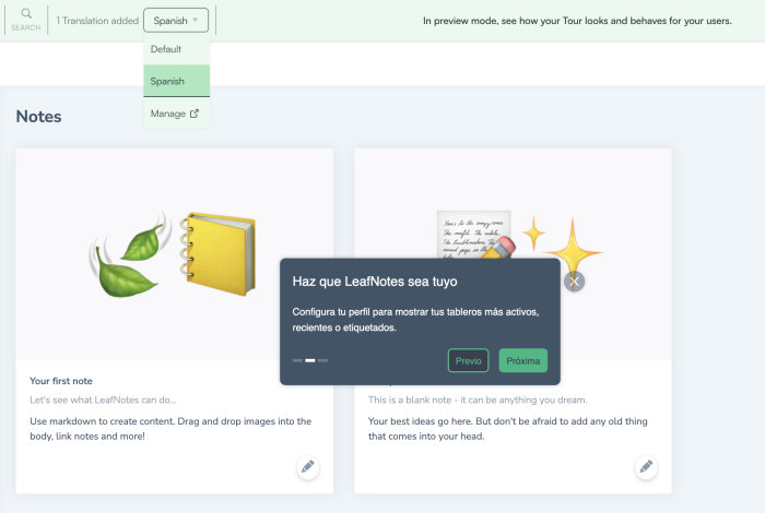 Chameleon's localization preview showing a tour step displayed in Spanish, with Spanish selected in the editor's language dropdown.