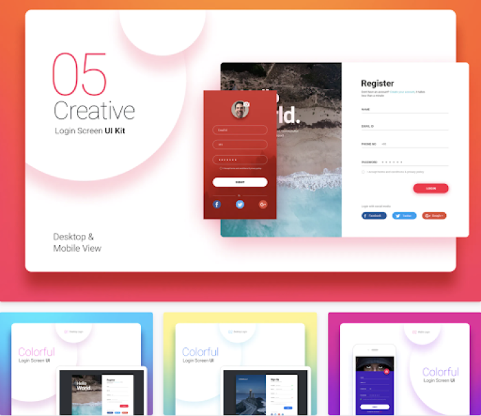Preview of a login screen UI kit showing a desktop and mobile login mockup alongside three color theme variants.