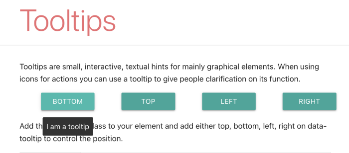 The Materialize tooltip component demo showing four directional position options with an active tooltip popup below the first button