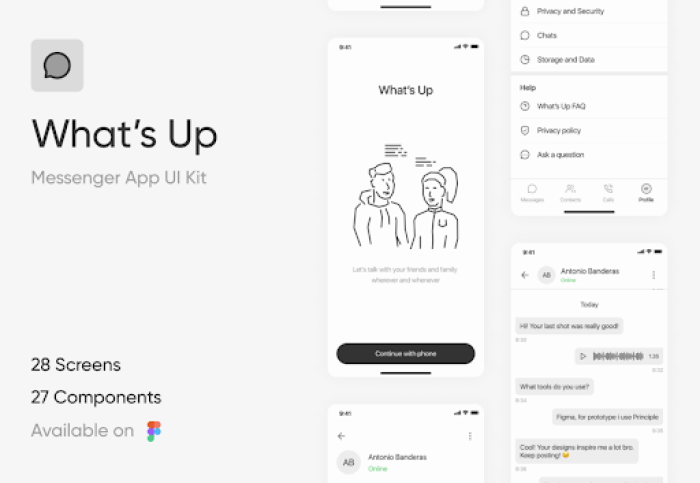 'What's Up' Messenger App UI Kit — 28 screens and 27 components, available on Figma, shown across three mobile screen previews.