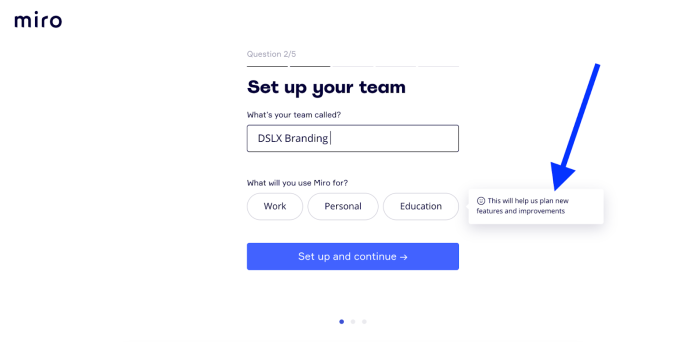 Miro's onboarding flow asking users to name their team and select a use case, with a contextual callout explaining the information will help plan new features.