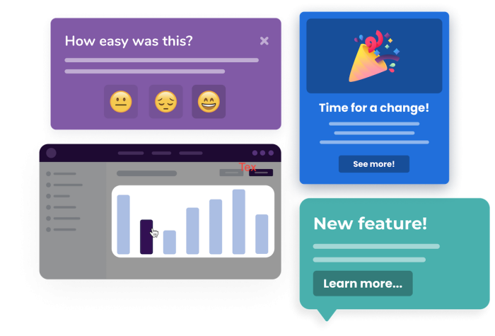 Three Chameleon in-app experience examples — a microsurvey with emoji responses, an in-app guidance card, and a tooltip — alongside a product analytics dashboard.