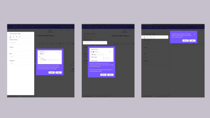 Three steps of a feature adoption product tour on the Mixpanel analytics platform, each introducing an updated UI capability