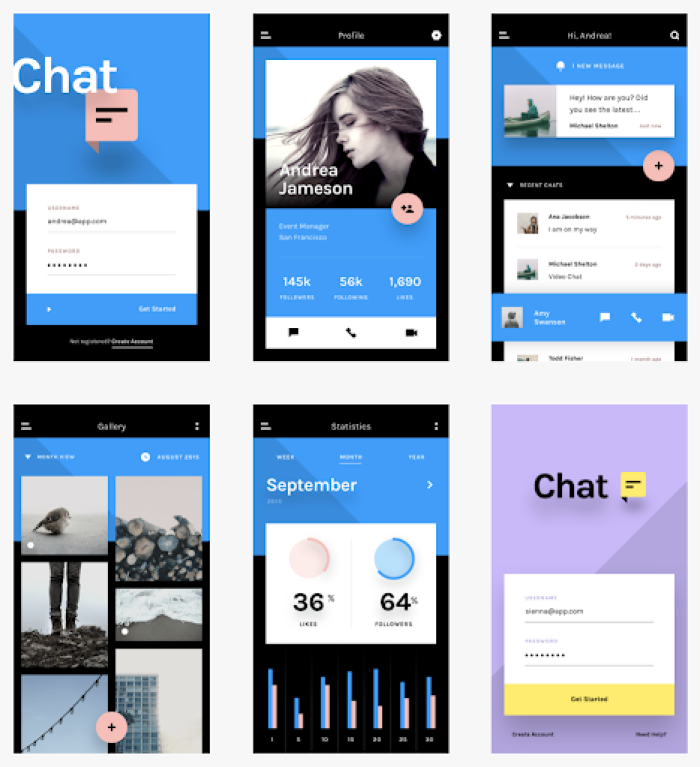 A mobile app UI kit showing six screen designs across common app patterns including chat, profile, messaging, and analytics.