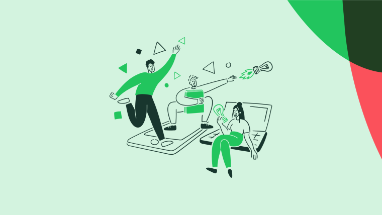 An illustration of three people interacting with a smartphone and a laptop, with geometric shapes and lightbulbs floating around them.