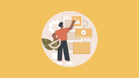 An illustration of a person arranging image, video, and text UI blocks on a layout, with gear icons in the background.
