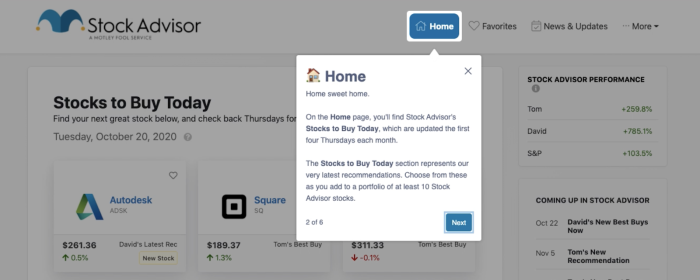 A Chameleon onboarding tour step on The Motley Fool's Stock Advisor platform, explaining the Home page to new members.
