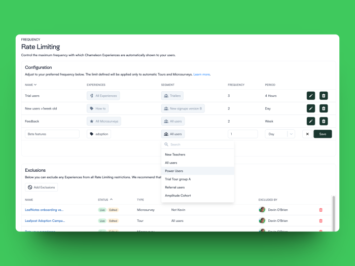 The Chameleon dashboard's Rate Limiting settings, showing a table of frequency rules by experience and segment with a segment selector dropdown open.