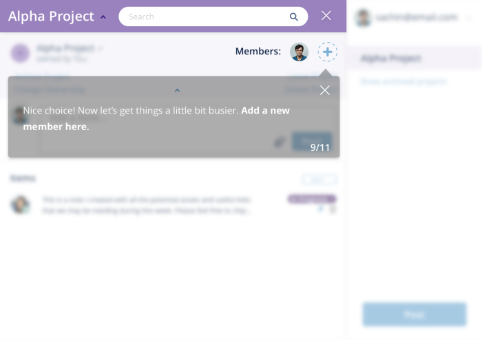 A product tour step on a project management interface, guiding users to add a new team member via the + button.